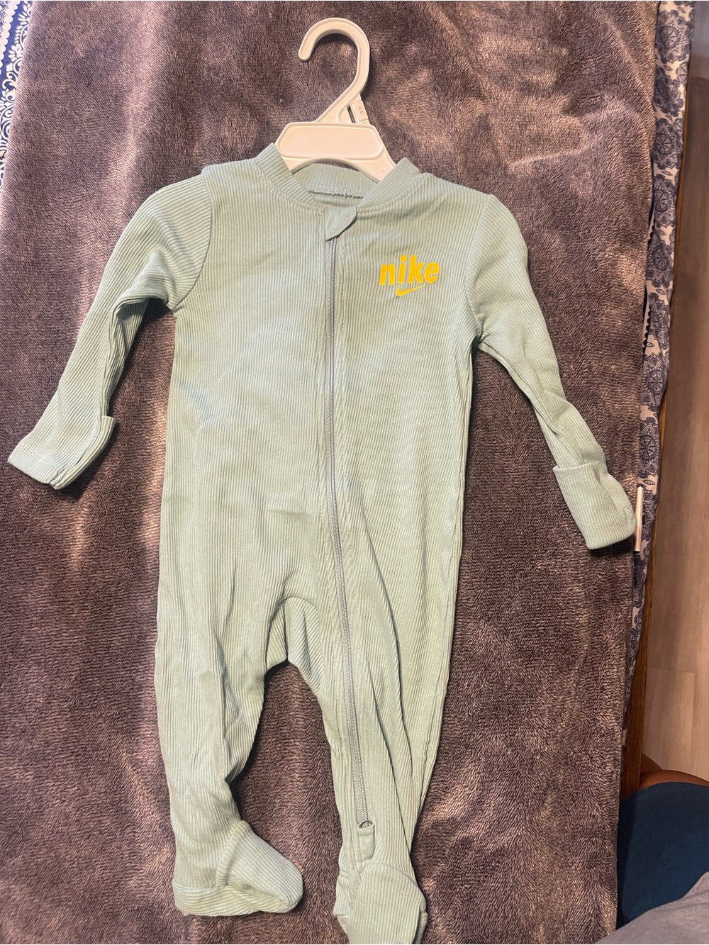 Nike Sage Green Ribbed Footed One-Piece with Yellow Logo